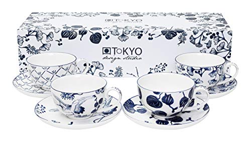 TOKYO design studio Flora Japonica 4-er Tassen-Set blau-weiß mit Untertassen, 100 ml, asiatisches Porzellan, Japanisches Blumen-Design, inkl. Geschenk-Verpackung