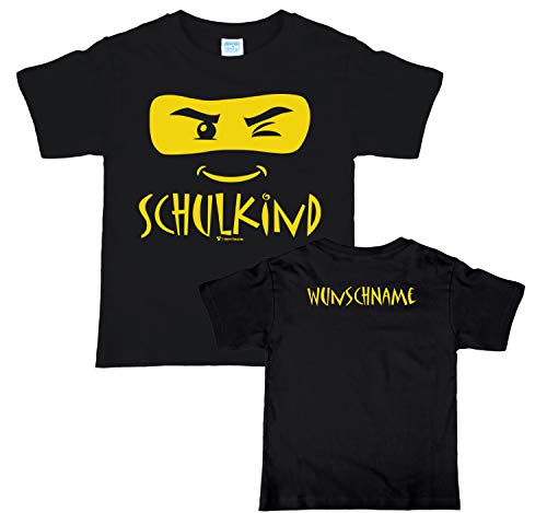 Krause & Sohn Kinder T-Shirt Schulkind Ninja Einschulungs-T-Shirt mit Wunschname auf dem Rücken, schwarz (134-140)
