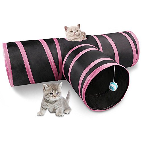 Beauneo Tunnel 3 Way Faltbare Pet Play Tunnel mit Ringing Ball, Geraeumige Tube Fun Fuer Puppy Kitten Pink + schwarz