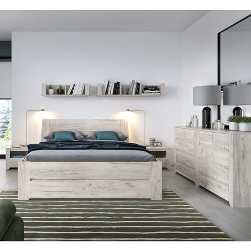 Schlafzimmer Set 7-teilig mit Bett 140x200cm,2 Wandregale, 2 Nachttische, 2 Kommoden in Craft Eiche weiß Modern