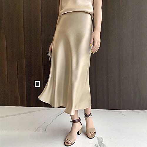Seiden-Satin-Röcke für Frauen-Hoher taillierter Rock a-line elegante Röcke (Color : Beige gold, Size : Small)