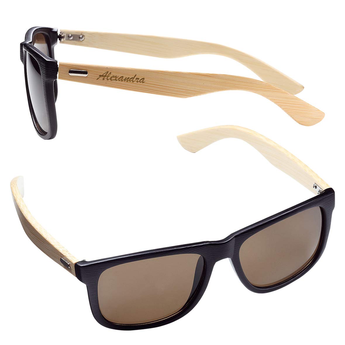Diamandi Sonnenbrille mit Gravur personalisiert mit Ihren Namen oder Spruch - Holzbrille - Brille mit Holzoptik Bambus - Sonnenschutz UV400 - Unisex für Herren & Damen