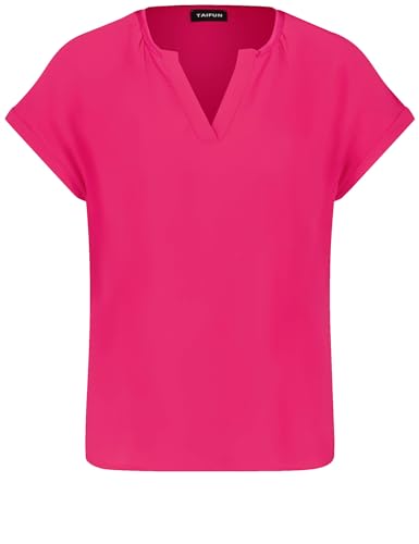 Taifun Damen Blusenshirt mit Chiffon-Layer Kurzarm, überschnittene Schultern, mit Ärmelaufschlag unifarben Luminous Pink 38