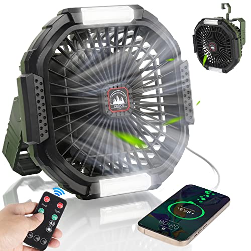 ZWOOS USB Camping Ventilator, 10400mAh Wiederaufladbar Tisch Wand/Leise Ventilator mit 4 Geschwindigkeitsstufen Verstellbaren Tischventilator mit LED-Licht für Outdoor Picknicks, Angeln