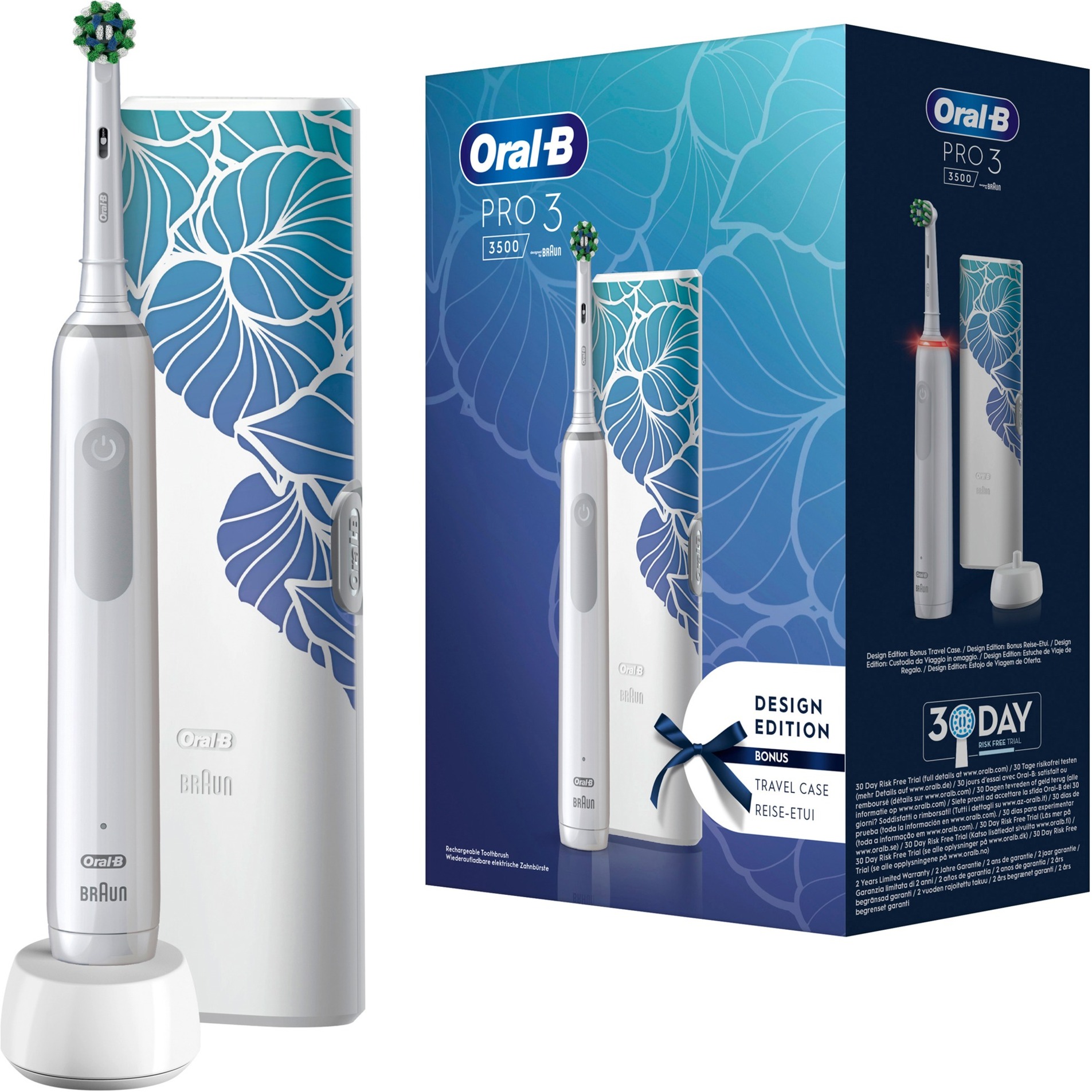 Oral-B PRO 3 3500 Elektrische Zahnbürste/Electric Toothbrush, mit 3 Putzmodi und visueller 360° Andruckkontrolle für Zahnpflege, Reiseetui, Designed by Braun, weiß