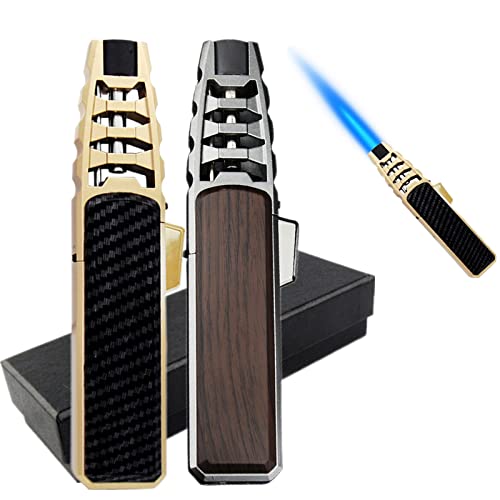 Windproof Straight Torch Blue Flame Lighter, Torch Blue Jet Flame Lighter, Blue Flame Lighter Fluid Grill, Torch Lighters Butane Refillable (Gold+Silver)