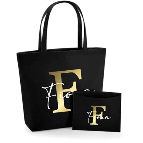 AWASG Filztasche Damen-Tasche mit kleinem Etui - Bedruckt und Personalisiert mit Buchstabe Monogramm Name - Shopper Geschenk für Sie (schwarz)