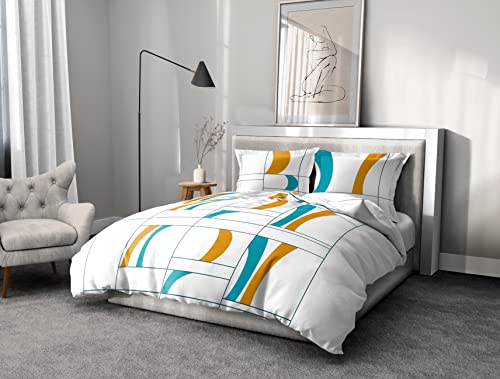 Home Linge Passion | Bettbezug, 3-teilig, 100 % Baumwolle, 57 Fäden/cm², für Doppelbett, 220 x 240 cm, Atoll Türkis, Orange