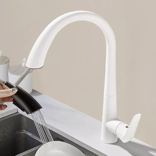 Küchenarmatur Ausziehbar, Wasserhahn Küche mit Brause Weiß Küchenarmatur 360° Drehbar Messing Spültischarmatur Ausziehbar-Weiß