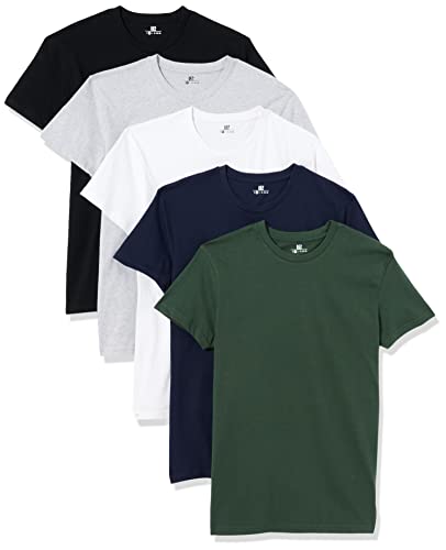 Herren T-Shirt mit Rundhalsausschnitt, Schwarz/ Dunkelgrün/ Dunkelblau/ Hellgrau Melange/ Weiß (5er Pack), 2XL