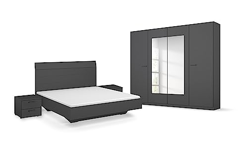 Rauch Möbel Florenz Schlafzimmer, Graumetallic, bestehend aus Bett mit Liegefläche 160x200 cm inklusive 2 Nachttische und Drehtürenschrank mit Spiegel BxHxT 226x210x54 cm