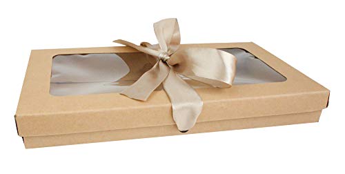 Emartbuy Packung mit 36 Stück Rechteckige Präsentations-Geschenkbox, 21 cm x 12,5 cm x 2,5 cm, Braun Kraft Box mit Klarem Deckel und Satinband