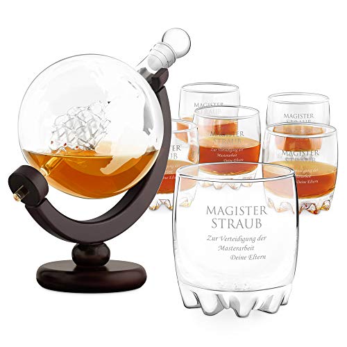 Murrano Whisky Karaffe mit Gravur - Globus mit Schiff, 850 ml - 6er Whiskygläser Set - Whisky Dekanter - Geschenk zum Geburtstag für Männer - personalisiert - Magister