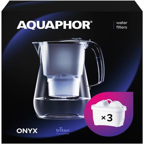 AQUAPHOR Wasserfilter Onyx weiß inkl. 3 MAXFOR+ Filterkartuschen - Premium-Wasserfilter in Glasoptik zur Reduzierung von Kalk, Chlor & weiteren Stoffen