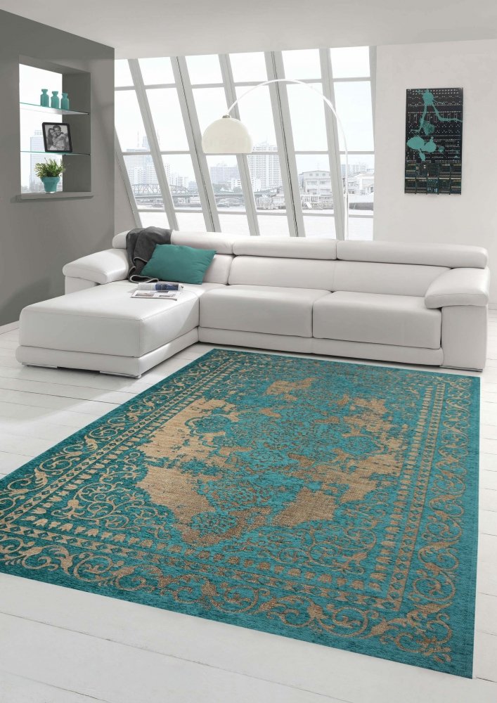 Moderner Teppich Designer Teppich Orientteppich Wohnzimmer Teppich mit Bordüre in Türkis Beige Größe 80 x 250 cm
