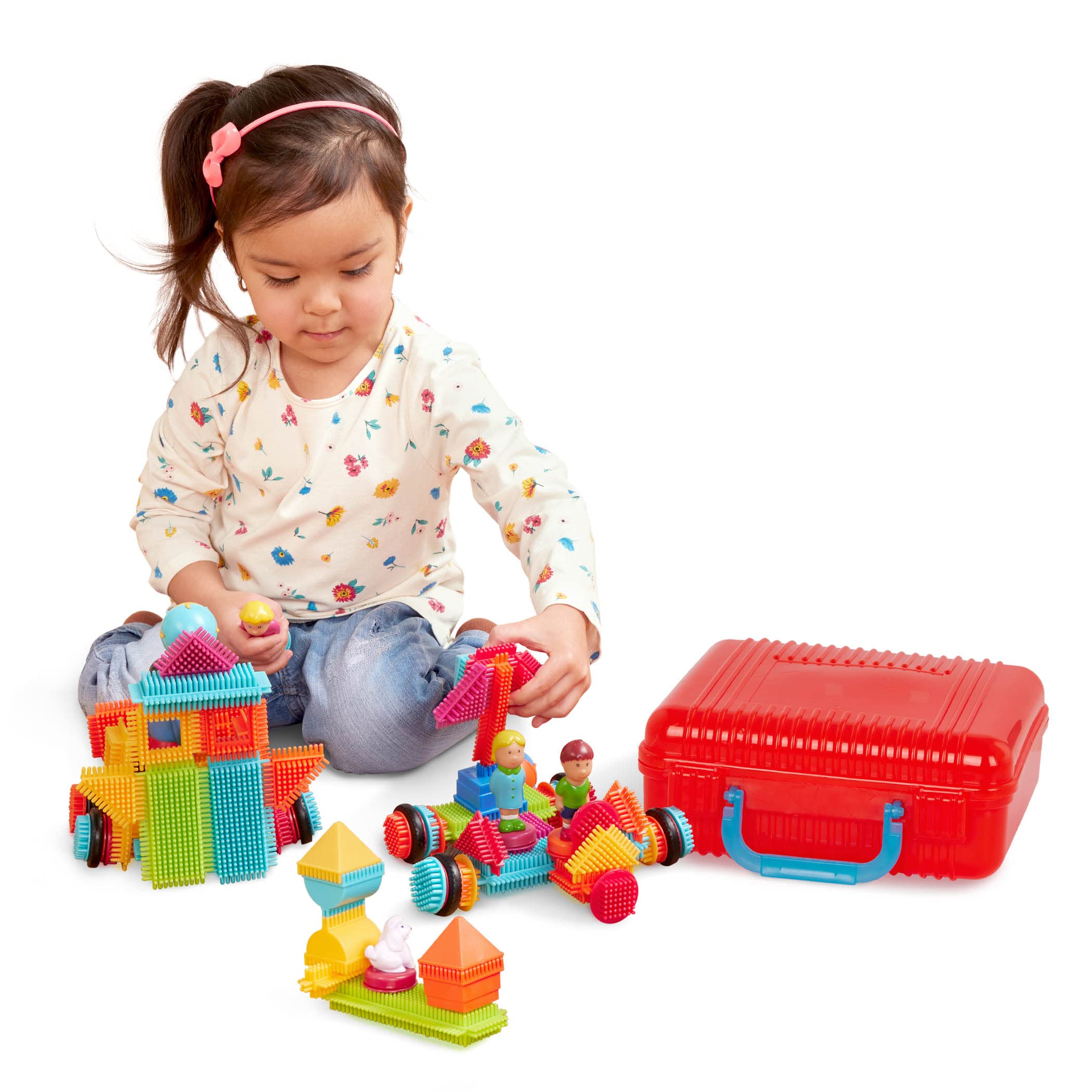 Bristle Blocks 85 Teile Bausteine im Koffer mit Figuren – Bauklötze mit Borsten, Motorikspielzeug – Kinder und Baby Spielzeug ab 2 Jahren