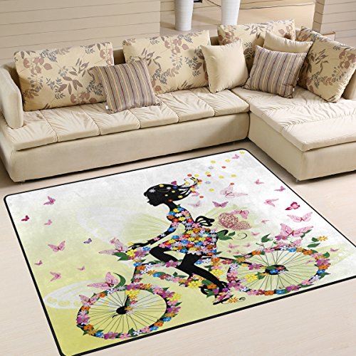 Use7 Teppich, romantisches Mädchen auf Fahrrad, Schmetterlingsblume, für Wohnzimmer, Schlafzimmer, Textil, mehrfarbig, 160cm x 122cm(5.3 x 4 feet)
