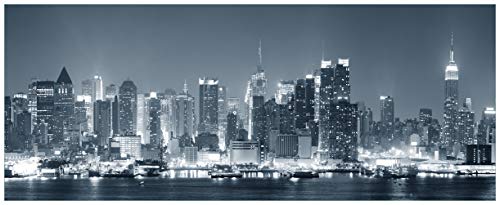 Wallario Glasbild New York Skyline - Schwarz Weiß Blau - 50 x 125 cm Wandbilder Glas in Premium-Qualität: Brillante Farben, freischwebende Optik