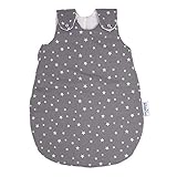 pic Bear Premium Babyschlafsack aus Jersey-Baumwolle – Atmungsaktiv, Mitwachsend und für Ganzjahres-Nutzung mit verstellbaren Größen 62/68 Sterne grau-weiß