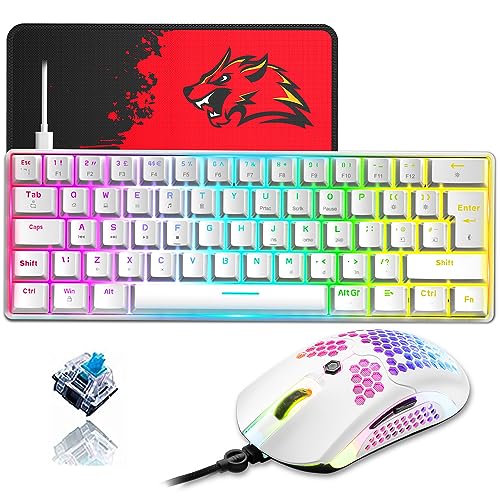 ZIYOU LANG 60% Compact RGB Gaming mechanische Tastatur Weiß Set Combo - Blauer Schalter - Mini QWERTY Layout Abnehmbares USB-C Kabel - 12000 DPI Bienenwabe Programmierung Maus für pc ps4 Xbox Tablet