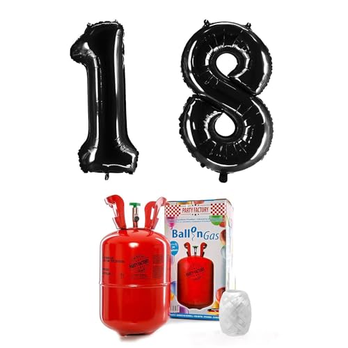 PARTY FACTORY Helium Set "18" mit XXL Zahlenballons, Ballongas und Ballonschnur - für Geburtstag, Jubiläum, Jahrestag; Gold, Silber, Schwarz, Pink, Rosa, Rosagold, Bunt (Schwarz)