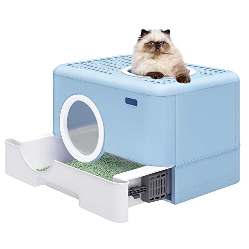 YITAHOME katzentoilette mit Deckel, geruchlose Anti-Spritzer-Katzentoilette mit Kapuze, mit Schublade und Abfallschaufel, reinigen(Blau)