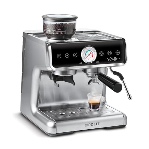 Polti Coffea G50S, Kaffeemaschine mit integriertem Mahlwerk, für Espresso und Cappuccino, 30 Mahlstufen, Steamymilk Professional zum Aufschäumen von Milch, Silber