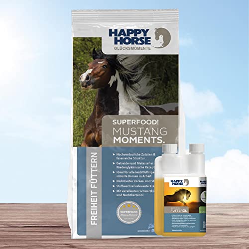 HAPPY HORSE Mustang Moments Pferdefutter 14kg - Melasse- und Getreidefreies Pferde-Müsli + Happy Horse Sensitive Futteröl