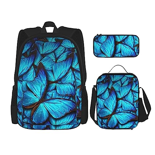 TOMPPY Many Blue Butterfly Printed Backpack with Lunch Bag Pencil Case,3 in 1 Backpack Set, Schwarz , Einheitsgröße, Schulranzen-Set