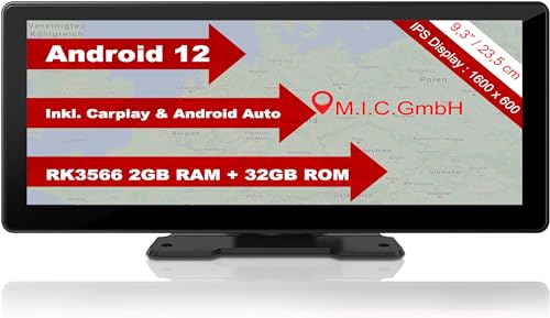 M.I.C. Smart Screen Android 12 Tragbares Autoradio mit RK3566 2G+32G: 9.3" HD Touchscreen Wireless Apple Carplay und Android Auto GPS TF USB Rückfahrkamera Anschluss WLAN Tonausgabe via BT AUX FM