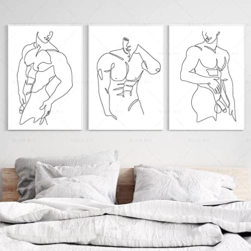 Minimalist Sexy Man Line Drawing Wall Art Poster Naked Body Print Black White Canvas Painting Nordic Picture Home Room Decor 30x45cmx3 Frameless