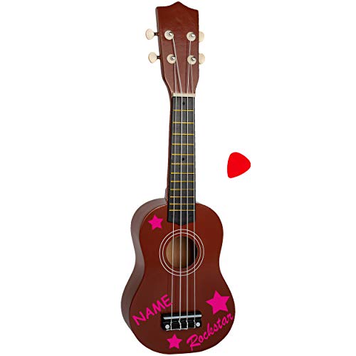 alles-meine.de GmbH Ukulele - aus Holz - Motiv & Farbwahl - dunkel braun & Rockstar Sterne pink - inkl. Name - 55 cm / 21 inch - Klassik - akustische - Kinder & Erwachsene - mit ..