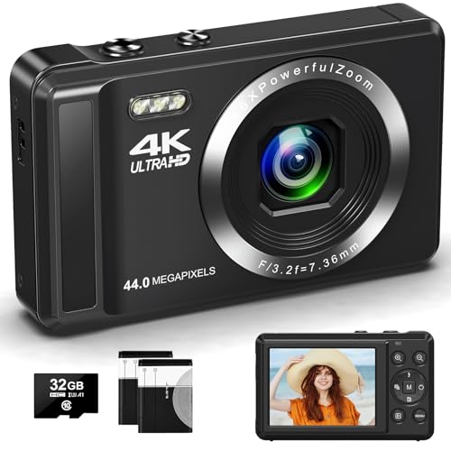 4K Digitalkamera mit 32 GB Speicherkarte 44 MP Autofokus-Kompaktkamera mit 16-fachem Digitalzoom, wiederaufladbare 2 1200mAh Batterien 2,4-Zoll-Mini-Kinderkamera für Anfänger