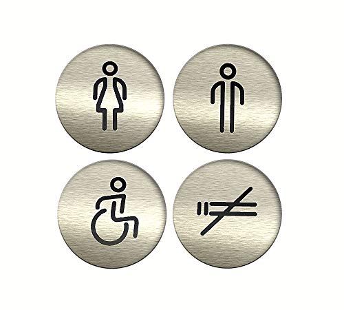 DOJA Barcelona | Toiletten Gäste WC Schild Aufkleber | Damen+Herren+Behinderten+Rauchen Verboten | Farbe Grau | 100mm Ø | Toilettenschilder | Piktogramm | Selbstklebend WC-Tuerschild Toilettenschild