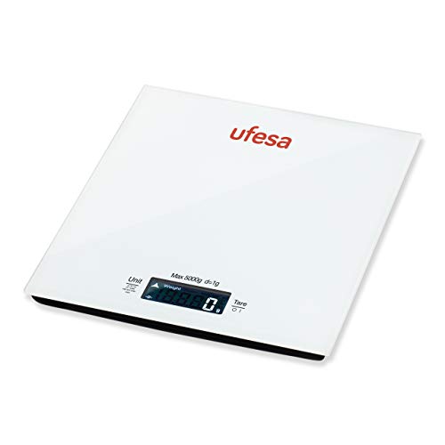 Ufesa BC1100 Digitale Küchenwaage, bis 5 kg, Spezialfunktion zum Wiegen von Milch, Wasser und Tassen, gehärtetes Glas