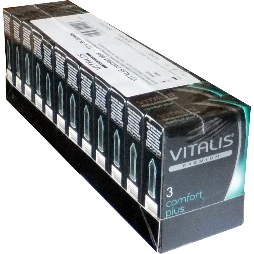 Vitalis Premium Comfort Plus (Sensitive) - VORTEILSPACK - gefühlsaktive Kondome - ausreichend Freiraum für IHN, mehr Platz, zuverlässige Sicherheit - 12 x 3 Stück