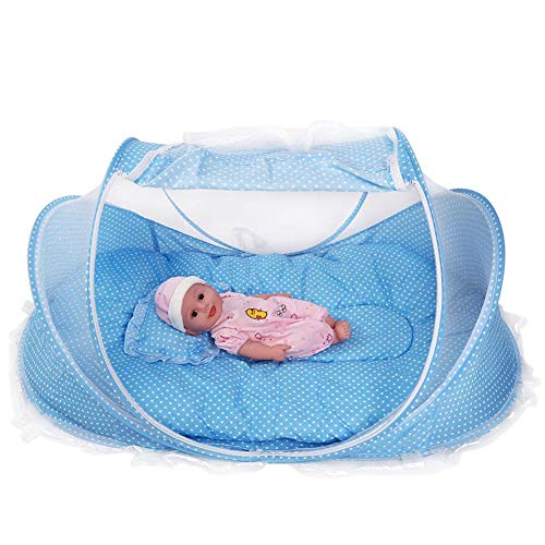 Acouto Reisebett Baby, Moskitonetz Zelt für Babys 4 Stück, tragbare und Faltbare Design, Es Wird mit Einer Matratze, einem Kopfkissen und einem kleinen Spielzeug zum Spielen geliefert(蓝色)