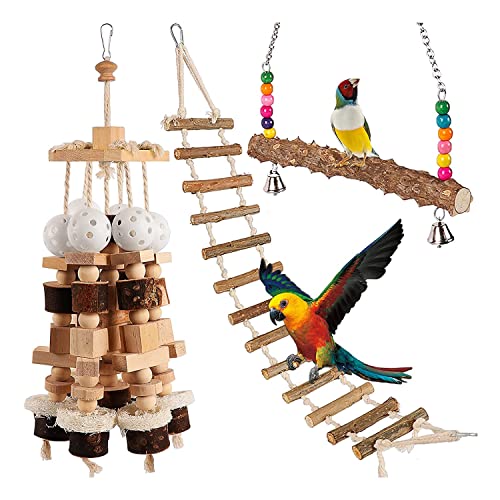 Vklopdsh Vogel Papagei Spielzeug,3 StüCkr Holz Block Vogel Kauspielzeug mit Leiter Schaukel StäNder für Kakadus VöGel KäFig Spielzeug ZubehöR