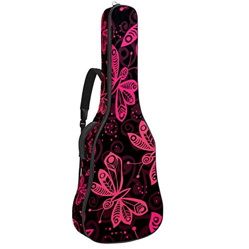 Gitarrentasche mit Reißverschluss, wasserdicht, weich, für Bassgitarre, Akustik- und klassische Folk-Gitarrentasche, rosa Schmetterlinge, dunkler Hintergrund