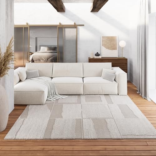 Gewebter pflegeleichter Teppich von WECONhome mit kariertem Design ideal für Wohnzimmer, Schlafzimmer und Arbeitszimmer- Ingvar (80 x 150 cm, beige)
