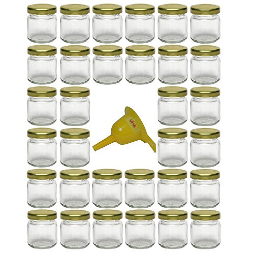 Viva Haushaltswaren- 32 x Mini Einmachglas 53ml mit goldfarbenem Deckel, runde Glasdosen als Marmeladengläser, Gewürzdosen, Gastgeschenk etc. verwendbar (inkl. Trichter Ø 12,3cm)