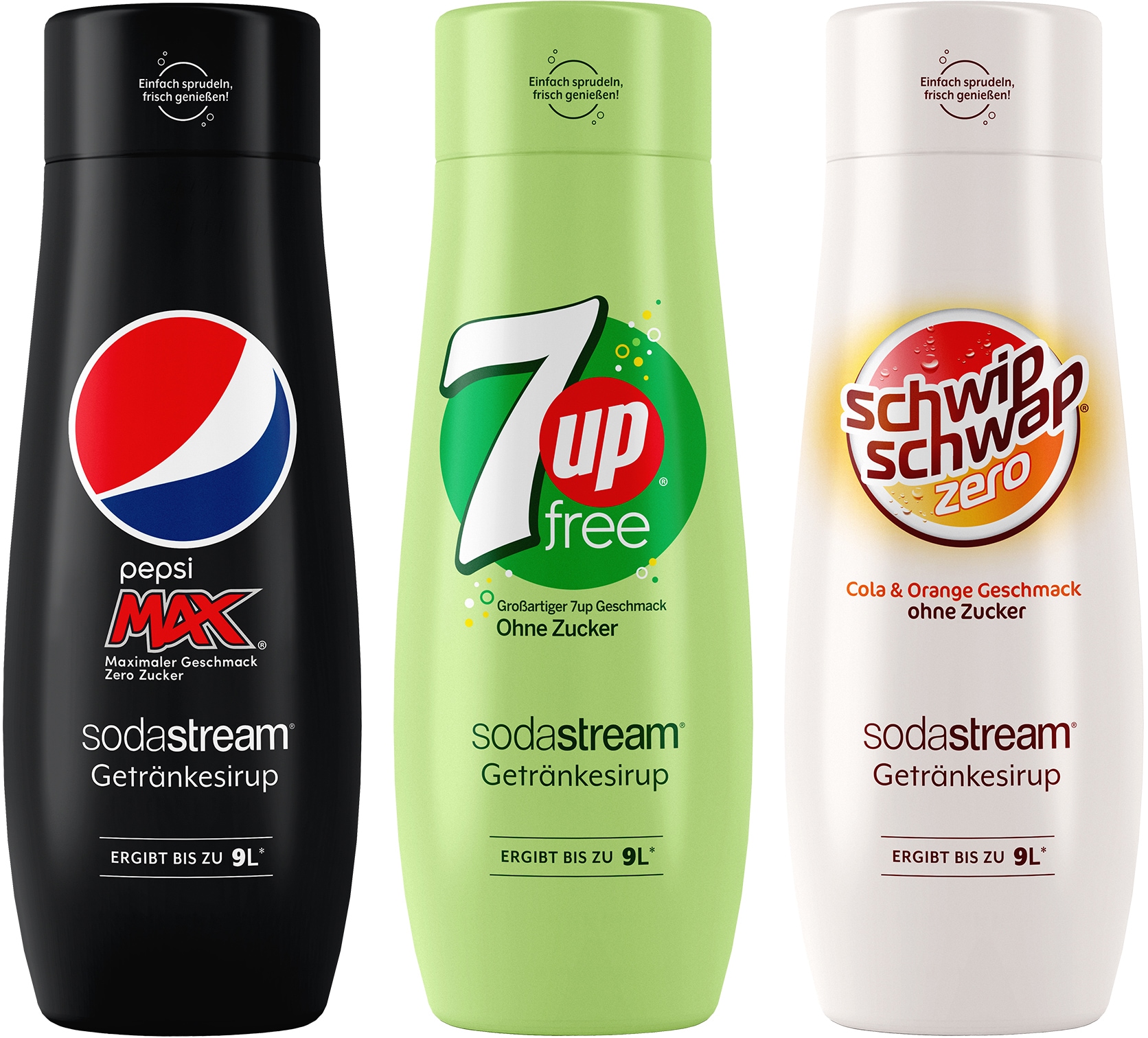 SodaStream Getränke-Sirup, (3 Flaschen), PepsiMax,7UP Free+SchwipSchwap Zero,440ml für je 9L Fertiggetränk