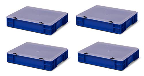 4 Stk. Transport-Stapelkasten mit transparentem Deckel TK475-TD, blau, 400x300x86 mm (LxBxH), aus PP, Volumen: 7 Liter, Traglast: 25 kg, lebensmittelecht, made in Germany, Industriequalität