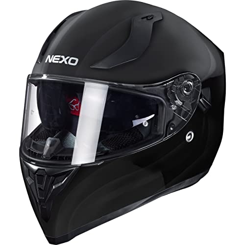 Nexo Integralhelm Motorradhelm Helm Motorrad Mopedhelm Sport II, herausnehmbare Polster, mehrfache Be-, Entlüftung, Windabweiser, klares Visier, Ratschenverschluss, Gewicht: 1.350 g, Schwarz, XL