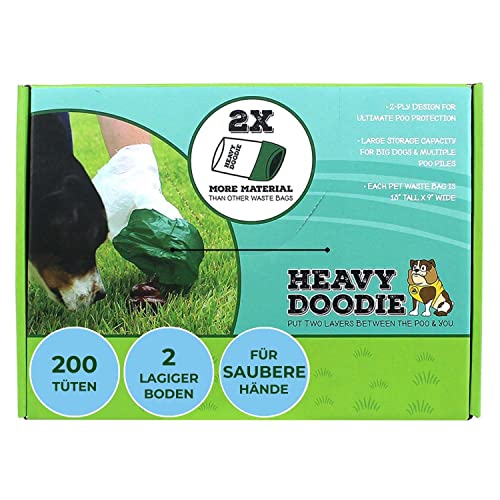 Heavy Doodie Hundekotbeutel 200 Stück I 2-lagige Kotbeutel für Hunde mit praktischer Spenderbox I große Hundetüten in 33 x 23 cm I Hundezubehör für große Hunde - extra dicke Hundebeutel