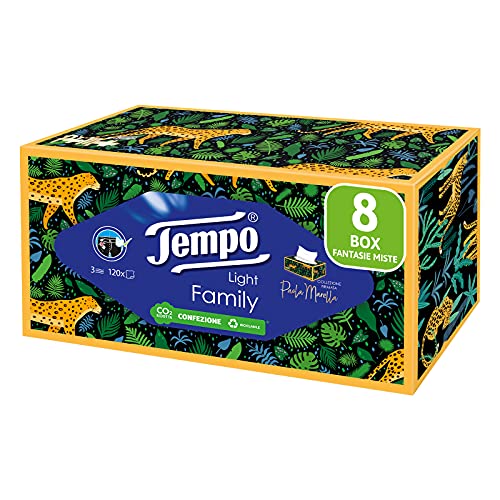 Tempo Papiertaschentuchbox, 8 Boxen mit je 120 Taschentüchern, 3-lagig, Family Box Limited Edition von Paola Marella, recycelbare Verpackung aus Natur
