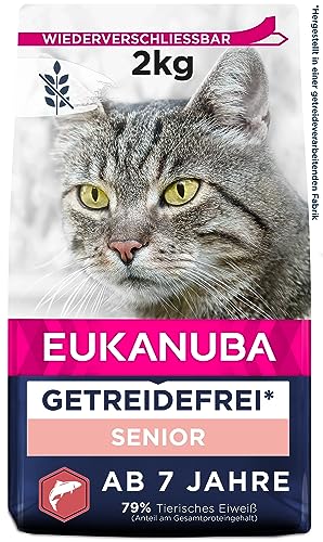 Eukanuba Senior Katzenfutter trocken getreidefrei - Premium Trockenfutter mit viel Lachs für ältere Katzen, 2kg