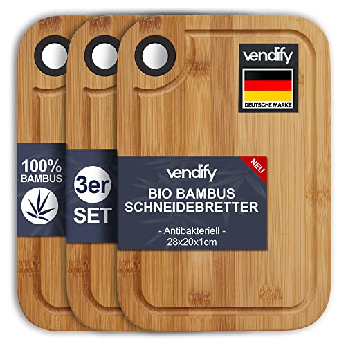 vendify® Bambus Schneidebrett 3er-Set 28x20 cm- Frühstücksbrettchen - Küchenbretter
