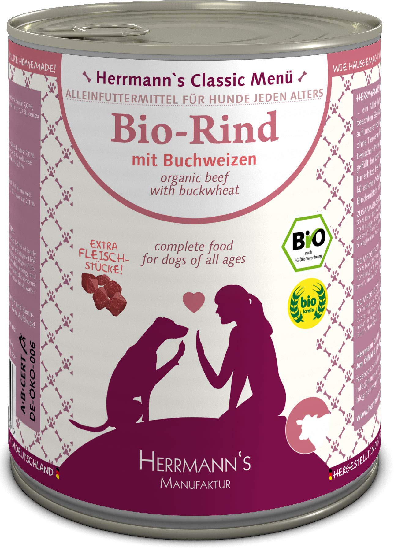 Herrmanns Bio Hundefutter Rind Menu 1 mit Buchweizen, Apfel, Birne 800 g, 6er Pack (6 x 800 g)