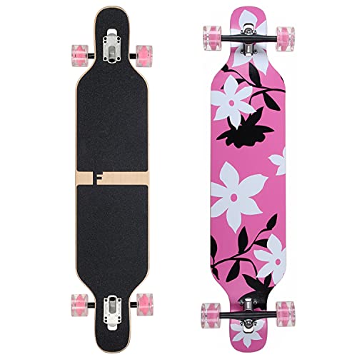 FunTomia Longboard Skateboard Drop Through Cruiser Komplettboard mit Mach1 High Speed Kugellager T-Tool mit und ohne LED Rollen (Mod. Camber Flex 2 - Ahornholz Pink Flower LED)